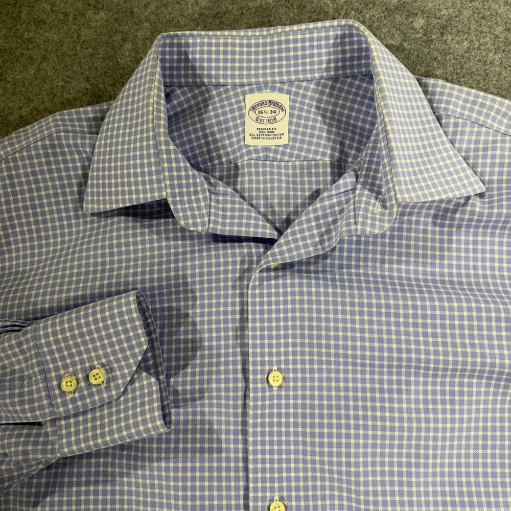 Brooks Brothers Mens 16.5 34 Regular Fit Non-Iron Blue‎ Gingham Dress Shirt